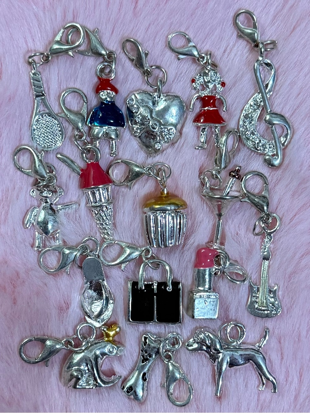 925 Sterling Silver Plated Boy Girl Handbag Lipstick Heart ClipOn Charm Bracelet